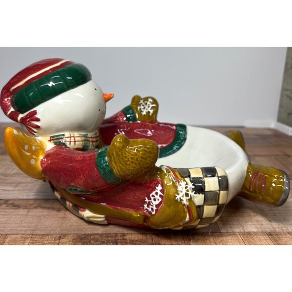 Debbie Mumm Snowman Themed Ceramic Bowl 10.5" Long - Picture 3 of 7